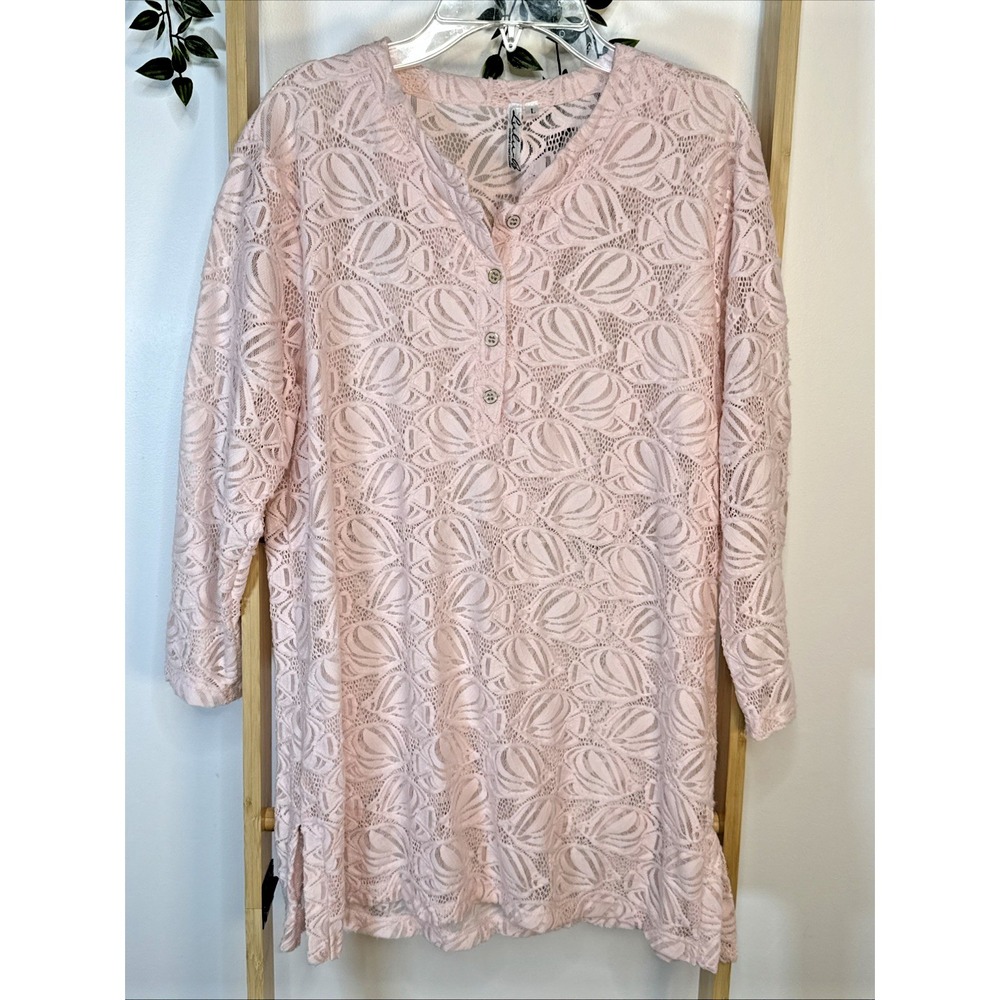Lulu B Pink Swim Cover Up Tunic Size L Henley Long Sleeve Side Slits Resort Boho